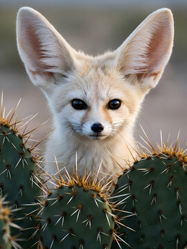 Fennec Fox Peeking Behind Desert Cactus