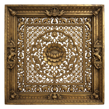 Ornate Square Antique Brass Jaali Screen with Central Lotus, Geometric Lattice and Temple Relief Carving