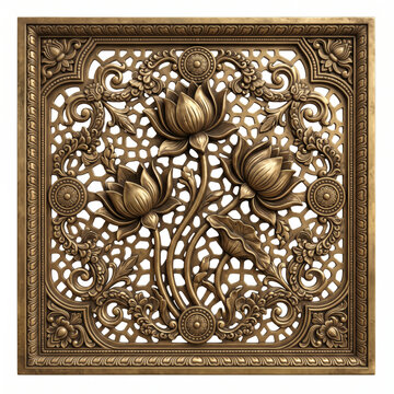 Square Antique Brass Lotus Jaali Panel with Flowering Vines, Botanical Lattice and Ornate Temple Relief