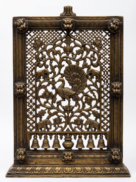 Tall Antique Brass Jaali Panel with Central Lotus, Floral Openwork and Ornate South Indian Temple Carving