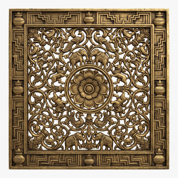 Square Antique Brass Floral Jaali Panel with Central Rosette, Scrolling Vines and Geometric Relief Border