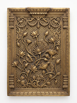 Tall Antique Brass Botanical Jaali Panel with Climbing Lotus Vines, Floral Relief and Ornate Temple Borders