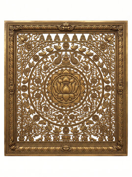 Square Antique Brass Lotus Rosette Jaali with Concentric Floral Rings and Intricate Temple Lattice