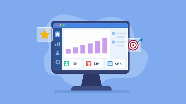 Animated video showing a computer monitor with a business analytics dashboard, bar chart, performance data, star rating, and target icon on a soft blue background.