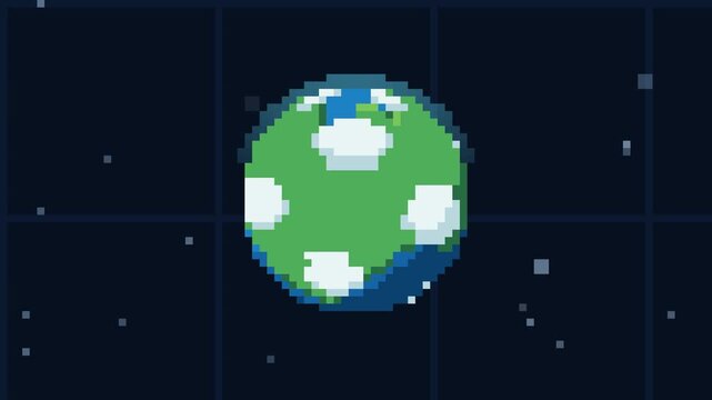Pixel art animation frames of earth rotating in space