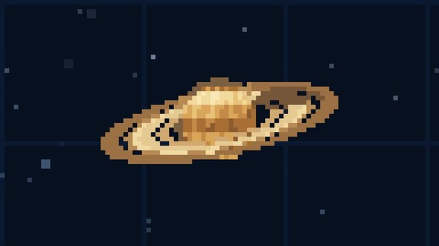 Pixel art ringed planets floating on dark starry space background