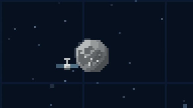 Pixel art satellite orbiting a lunar moon in deep space