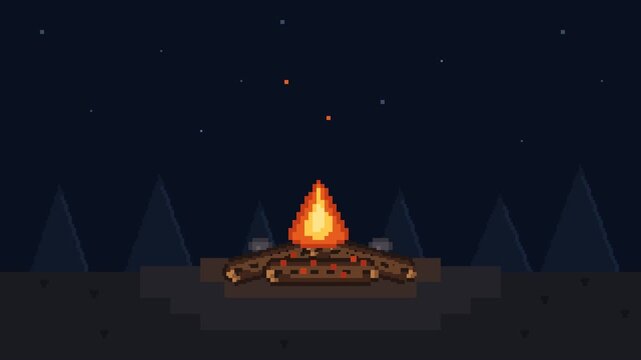 Pixel art campfire animation sprite sheet at night