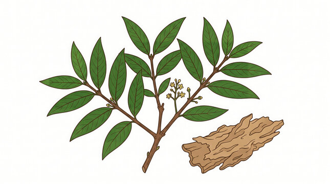 Pulasari bark and green leaves. Alyxia reinwardtii medicinal plant illustration.