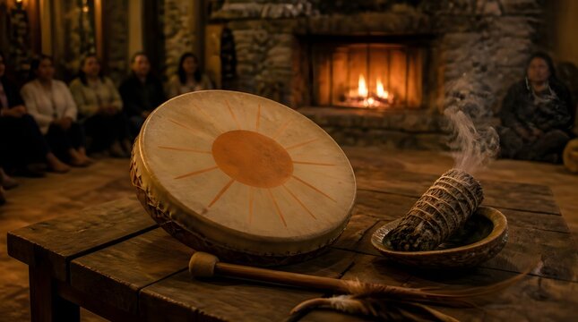 Indigenous group drumming around stone fireplace during ceremonial gathering rustic ambiance