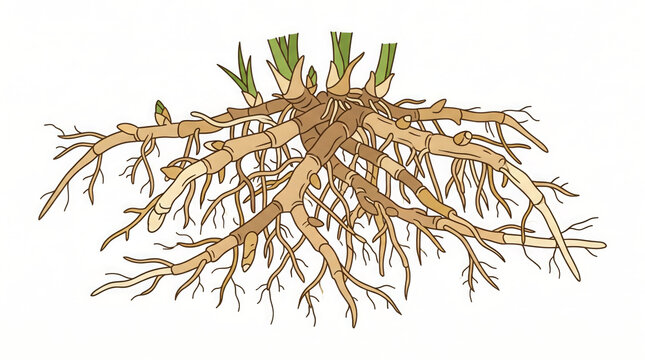 Cogon grass rhizome root system illustration. Botanical drawing of invasive weed roots.