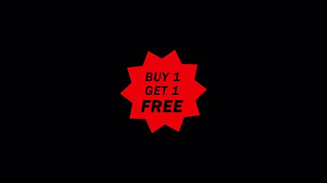 Buy 1 Get 1 Free Text Animation Transparent Background, BOGO Sale Alpha Channel ,Two for One Deal Animation, Shopping Sale Alert, Limited Time Deal, Retail Marketing Animation, 4K