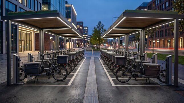 Electric cargo bike station in a modern city at twilight
