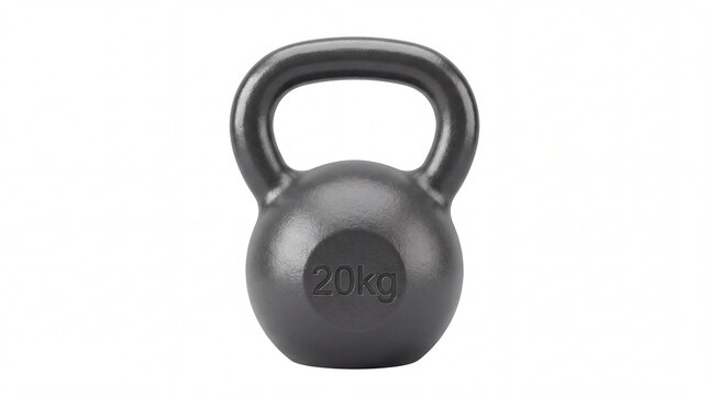 Black cast iron kettlebell 20kg weight isolated on white background, heavy gym workout equipment for strength training, fitness exercise free weight