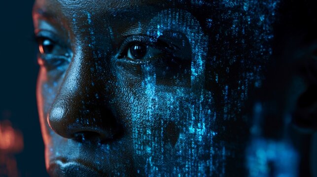 Cybersecurity Professional with Digital Code and Lock Projection on Face