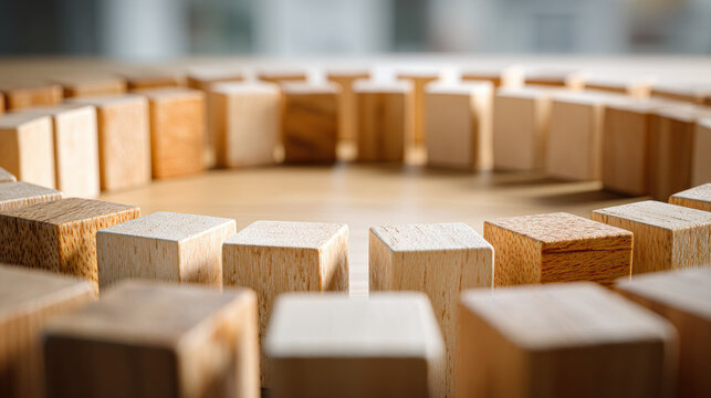 Rows of wooden blocks arranged in a circular pattern on a wooden surface, showcasing texture and natural tones in a close-up perspective.