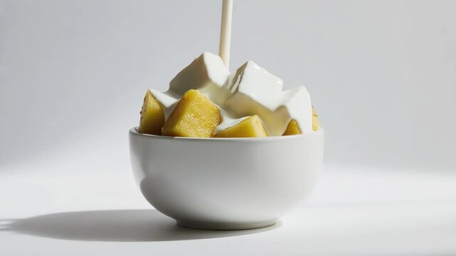 Fresh pineapple chunks arranged inside a minimal white ceramic bowl, cold cream pouring slowly from above in ultra slow motion