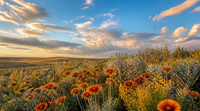 Vibrant wildflower meadow golden orange flowers rolling hills expansive sky soft clouds warm sunset light realistic low angle shot native