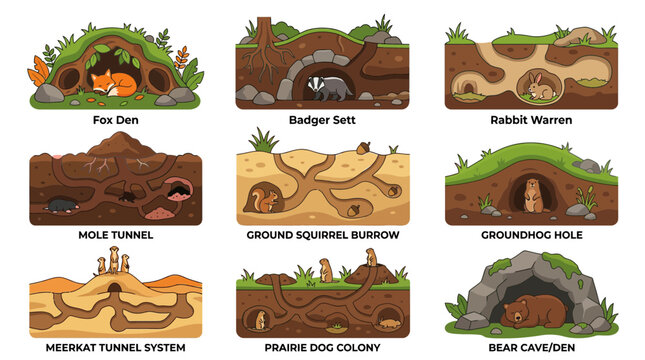 Animal dens and underground burrow cross-section illustrations.