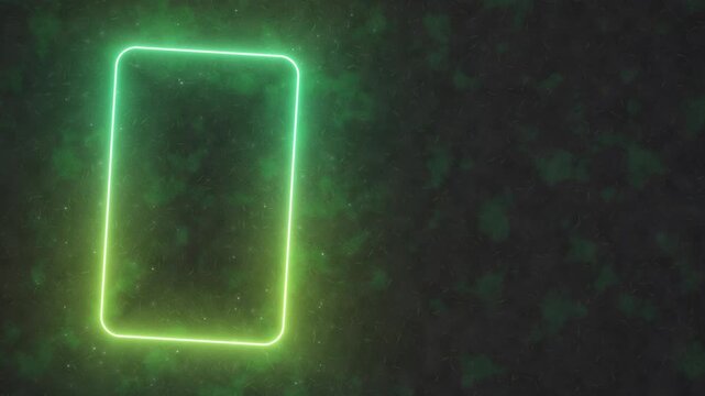 Glowing green neon rectangle pulses gently against a dark, mossy forest floor
