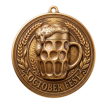 Golden medal with beer mug and wheat ears, celebrating autumn harvest and Oktoberfest PNG Isolated on transparent background