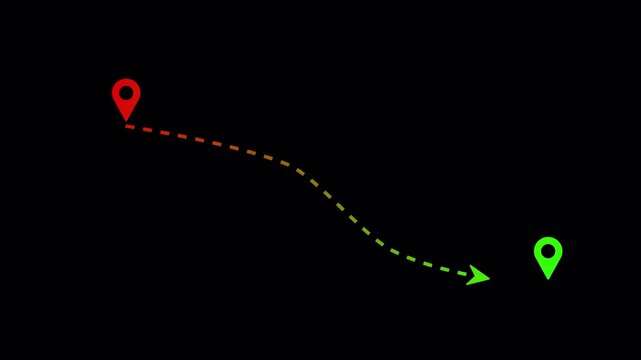  Dashed line curving across, connecting two red location pin icons. Route between two points navigation, journey, travel, mapping technology, logistics, location pin appearing. Animation of white map 