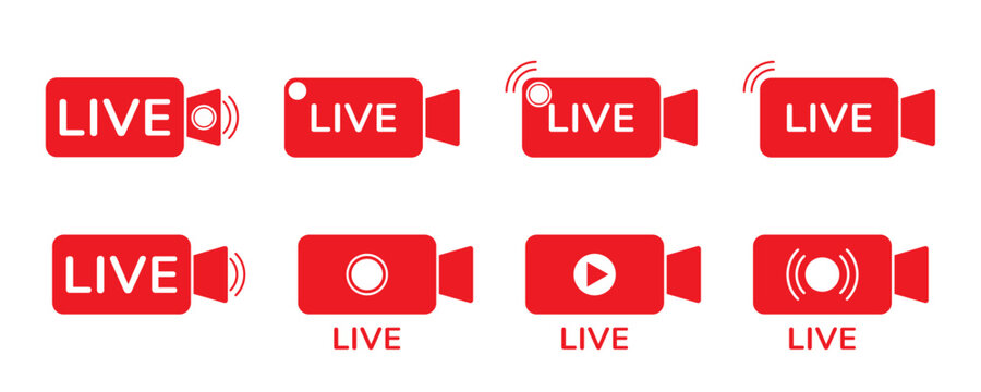 Red Live Streaming Video Camera Icon Set for Online Broadcast Interface. Isolated Vector Illustration on White Background