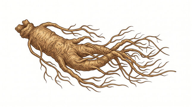 Ginseng root botanical illustration. Detailed drawing of medicinal herbal plant.