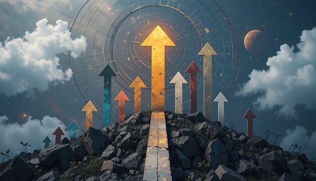 3D Render of Upward Arrows Ascending a Mountain Peak Towards Sunrise Representing Business Growth and Success
