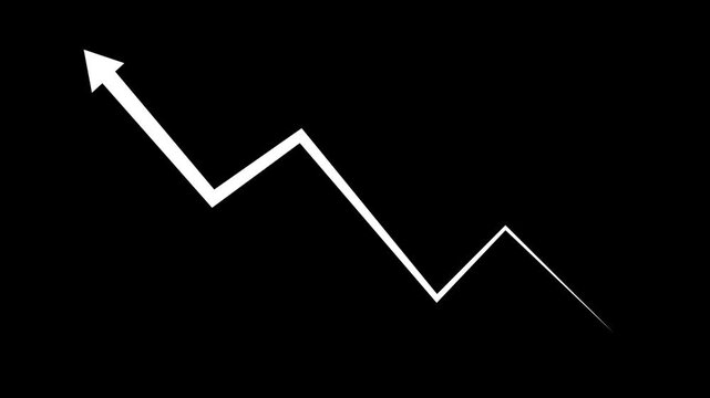 Dynamic white line graph animation showing fluctuating market trends and volatile financial data performance with upward and downward arrows for business analytics and economic reporting presentations