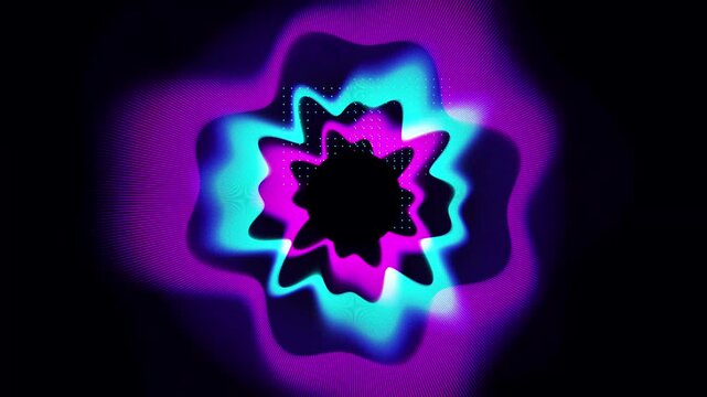 Abstract neon wavy tunnel loop, vibrant purple and cyan glowing energy rings, futuristic liquid light motion background for music visuals