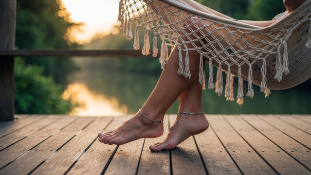 Woman Relaxing Barefoot in Macrame Hammock on Wooden Pier Above Water at Sunset