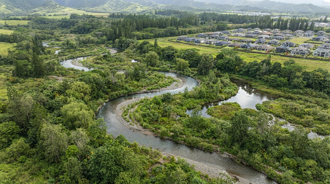 Aerial view of meandering river through green valley and rural landscape with sustainable design