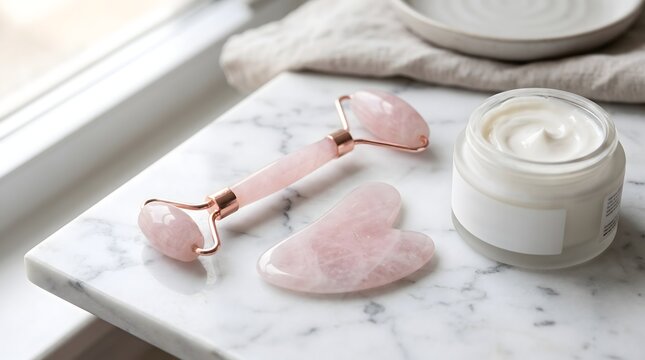 Rose quartz facial roller, gua sha, and cream jar on white marble.