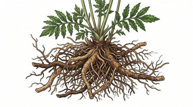 Valerian root plant illustration. Botanical drawing of medicinal herb with green leaves.