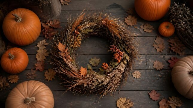 Rustic harvest wreath adorned dried grasses pine cones autumn leaves small pumpkins dark wooden table indoor setting seasonal decor