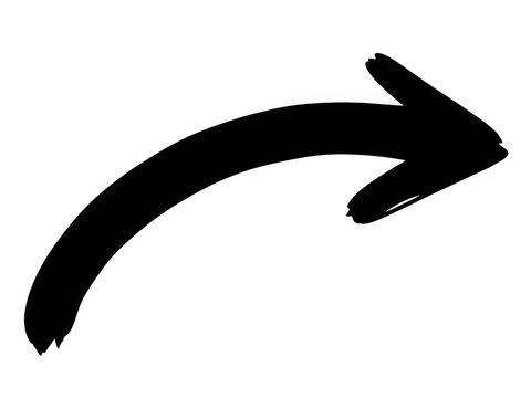 Black hand drawn curved arrow sign pointing to the right direction isolated on transparent background