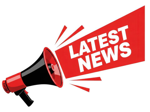 Red megaphone with latest news text sign for announcement and urgent updates isolated on transparent background