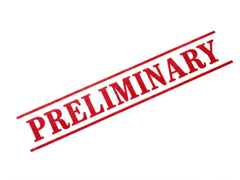 Red preliminary rubber stamp icon with diagonal text isolated on transparent background