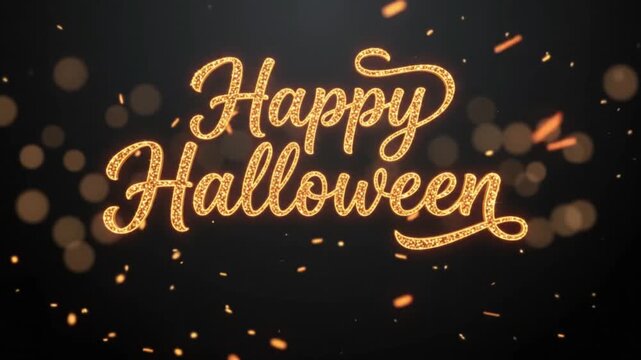 Happy Halloween Golden Glitter Calligraphy Typography with Glowing Bokeh Lights and Sparks on Dark Background