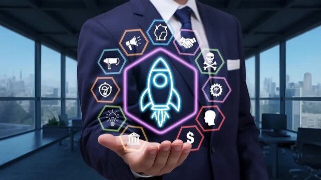 Businessman Holding Glowing Rocket Startup Concept with Digital Innovation Icons, Entrepreneurship, Technology and Future Business Growth