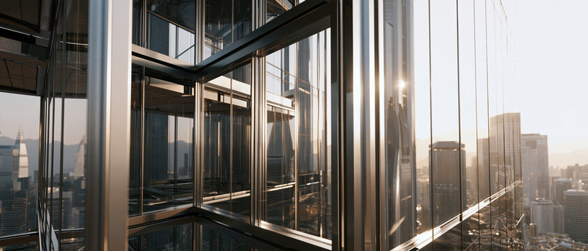 Double Exposure of Modern Glass Skyscraper Reflecting Vibrant City Skyline at Sunset