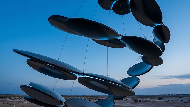 An abstract, spiraling sculpture of dark, oval shapes hangs suspended in the desert landscape against a twilight sky.