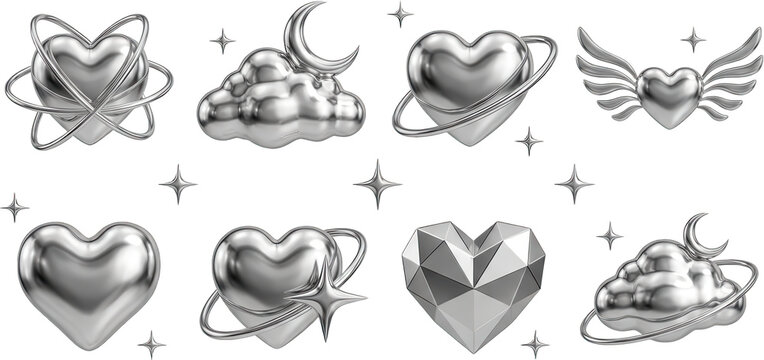 A collection of polished silver metallic hearts featuring celestial elements including orbiting rings wings crescent moons and geometric facets adorned with sparkling four point star shapes