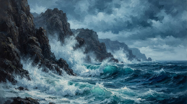 Stormy dark coastal cliffs with violent crashing waves under brooding sky digital painting