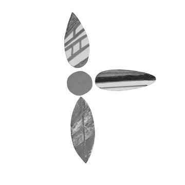 Four paper cutout shapes including three leaf forms and one circle arranged in a cross pattern on a solid surface isolated on a transparent background