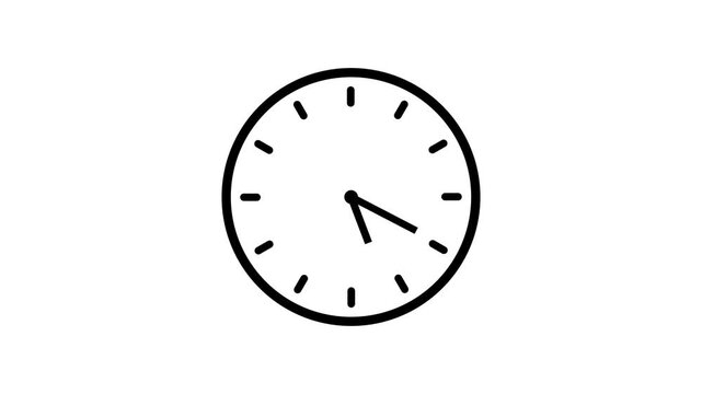 Minimalist black and white analog clock face animation featuring rapidly rotating hands indicating passing time and deadline urgency for business presentations and digital media projects