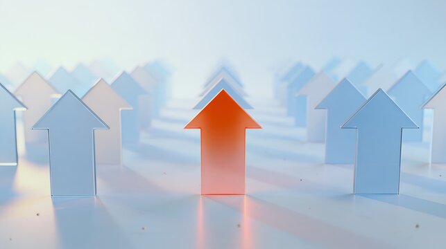 Glowing red upward arrow standing out among blue arrows representing business leadership, financial growth and competitive advantage strategy