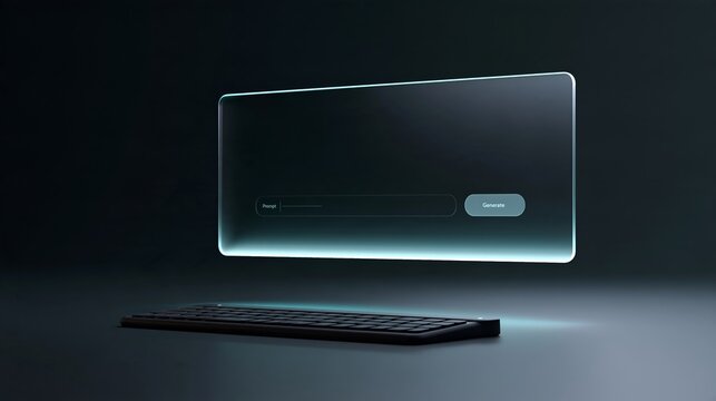 Futuristic transparent software interface with prompt input field and keyboard representing artificial intelligence technology and modern computing