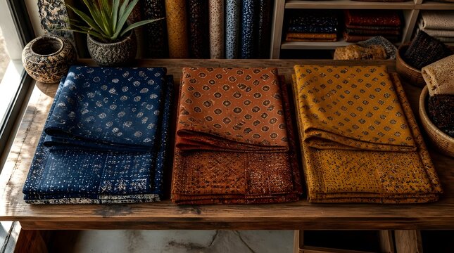 Folded shweshwe fabrics displayed on wooden shelf surrounded by books decorative items cozy indoor setting natural light